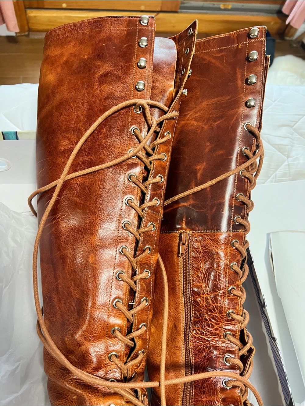 Rare Free People Jeffrey Campbell Joe Over the Knee Lace-up Brown Leather Boots - Picture 3 of 8